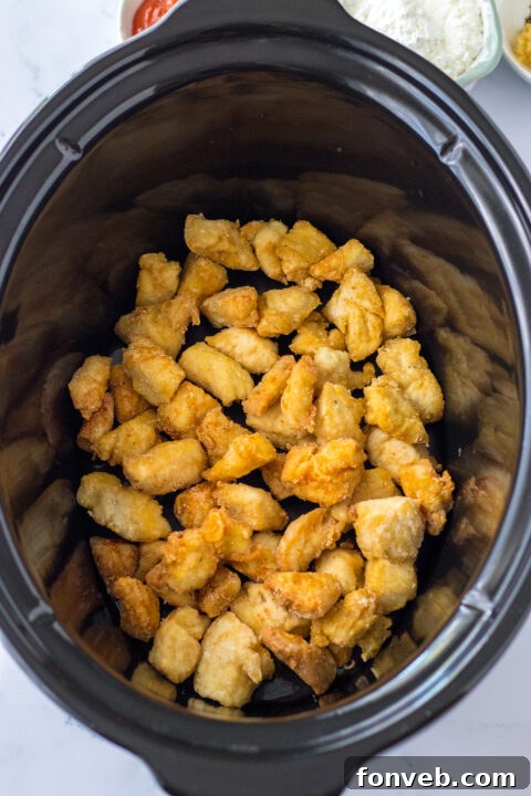 Browned chicken pieces transferred to the slow cooker.