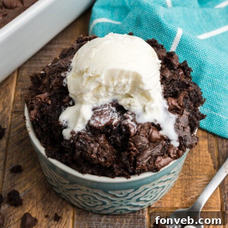 A beautifully presented serving of chocolate dump cake, ready to be enjoyed.