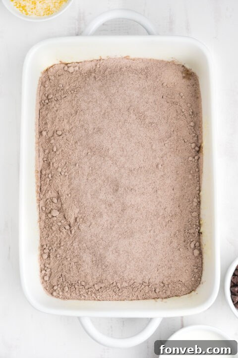 Step-by-step image showing the chocolate cake mix spread evenly at the bottom of the baking dish.