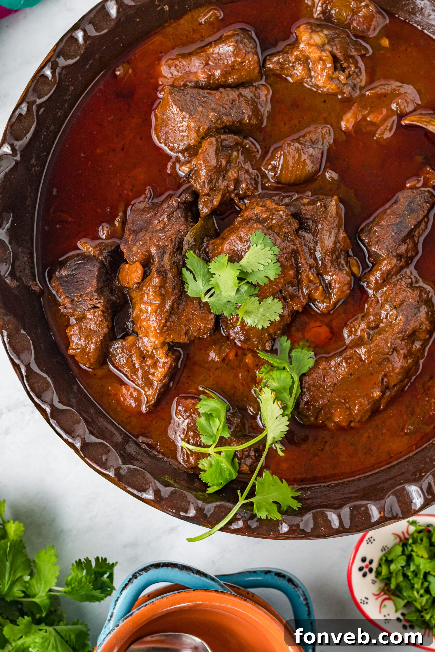 Overhead view of Beef Birria in a serving dish, showcasing its rich red hue and tender meat.