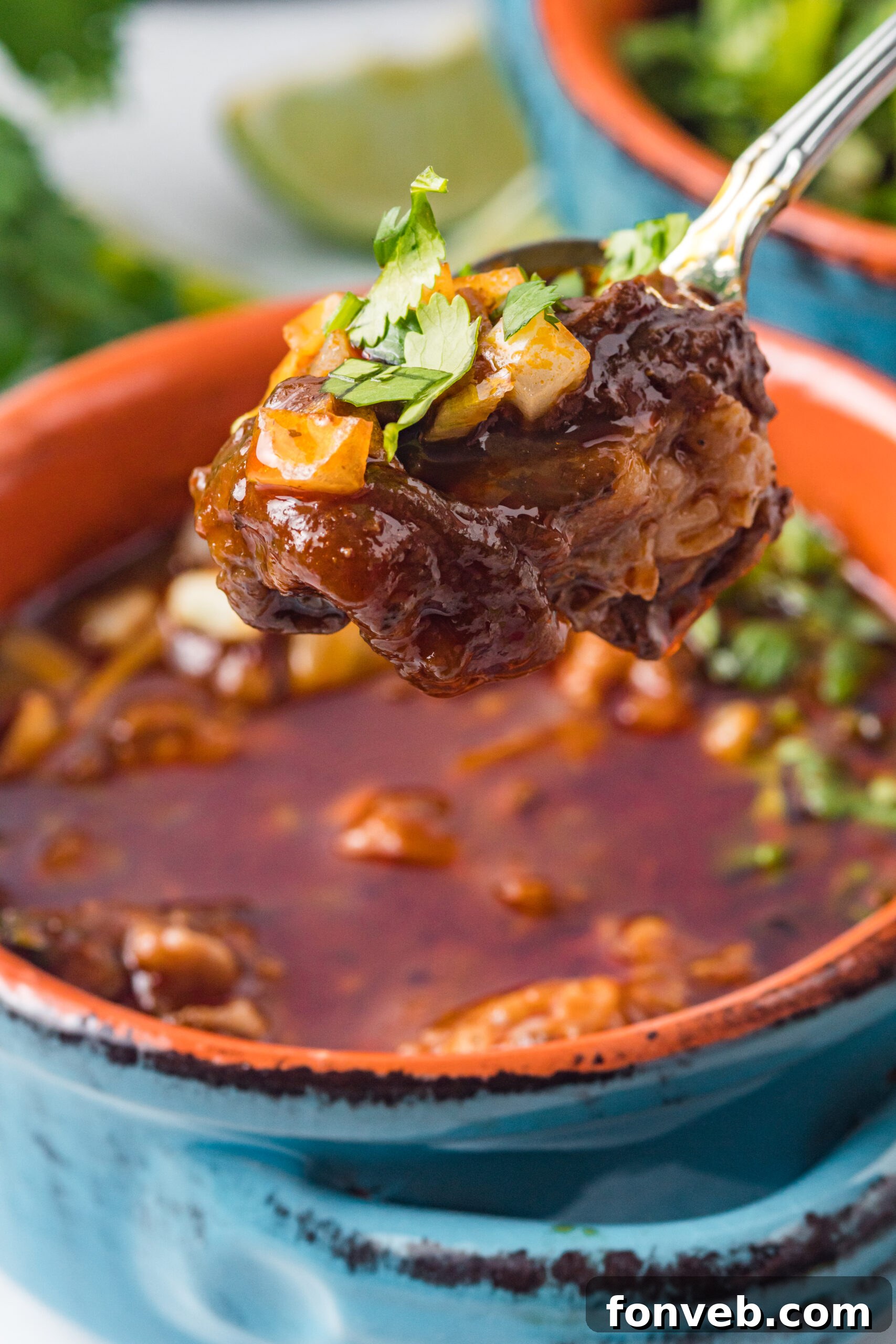 Close up view of a perfect bite of Beef Birria held on a silver spoon, ready to be eaten.