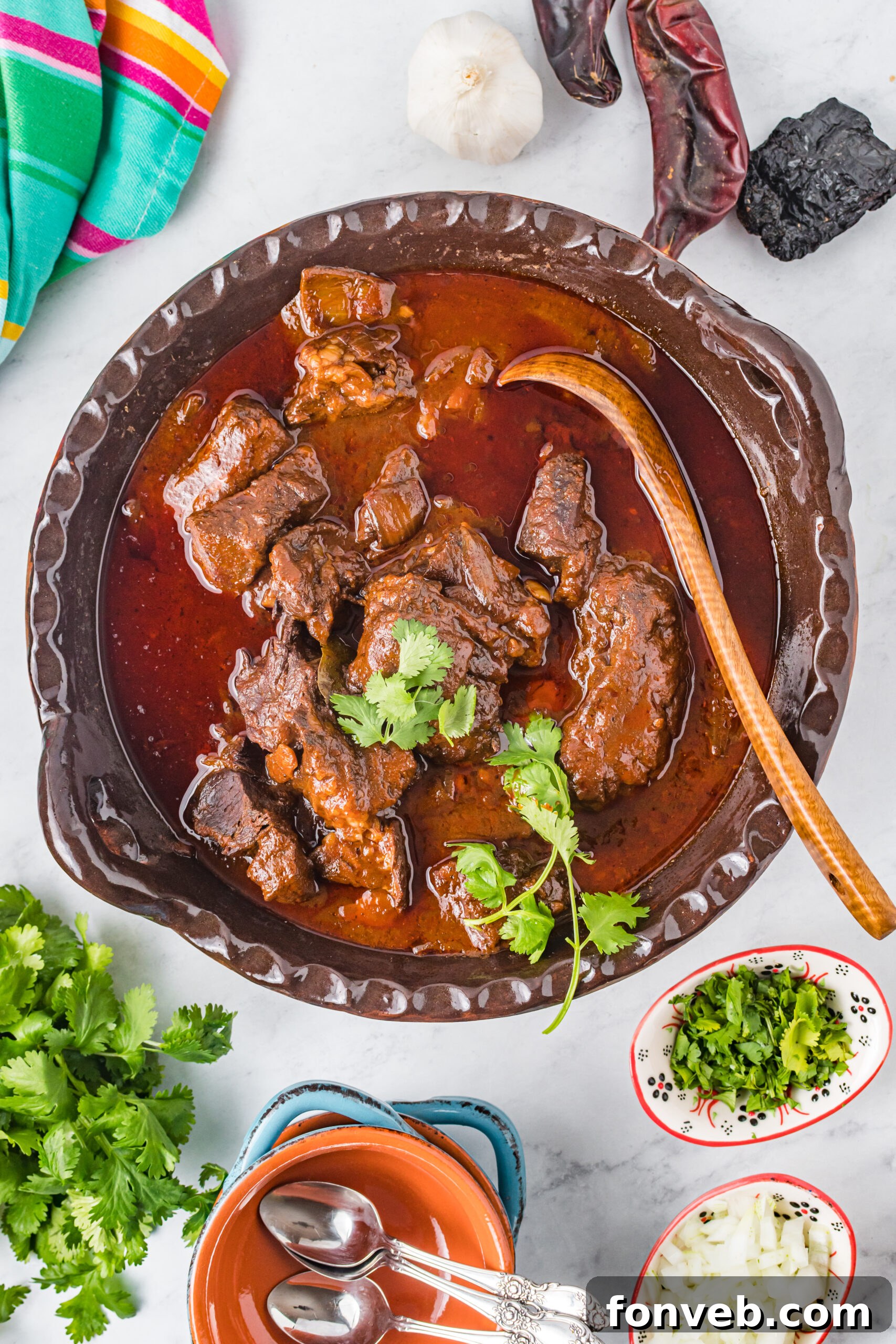 A closer overhead view of the Beef Birria, highlighting the shredded beef and aromatic broth.
