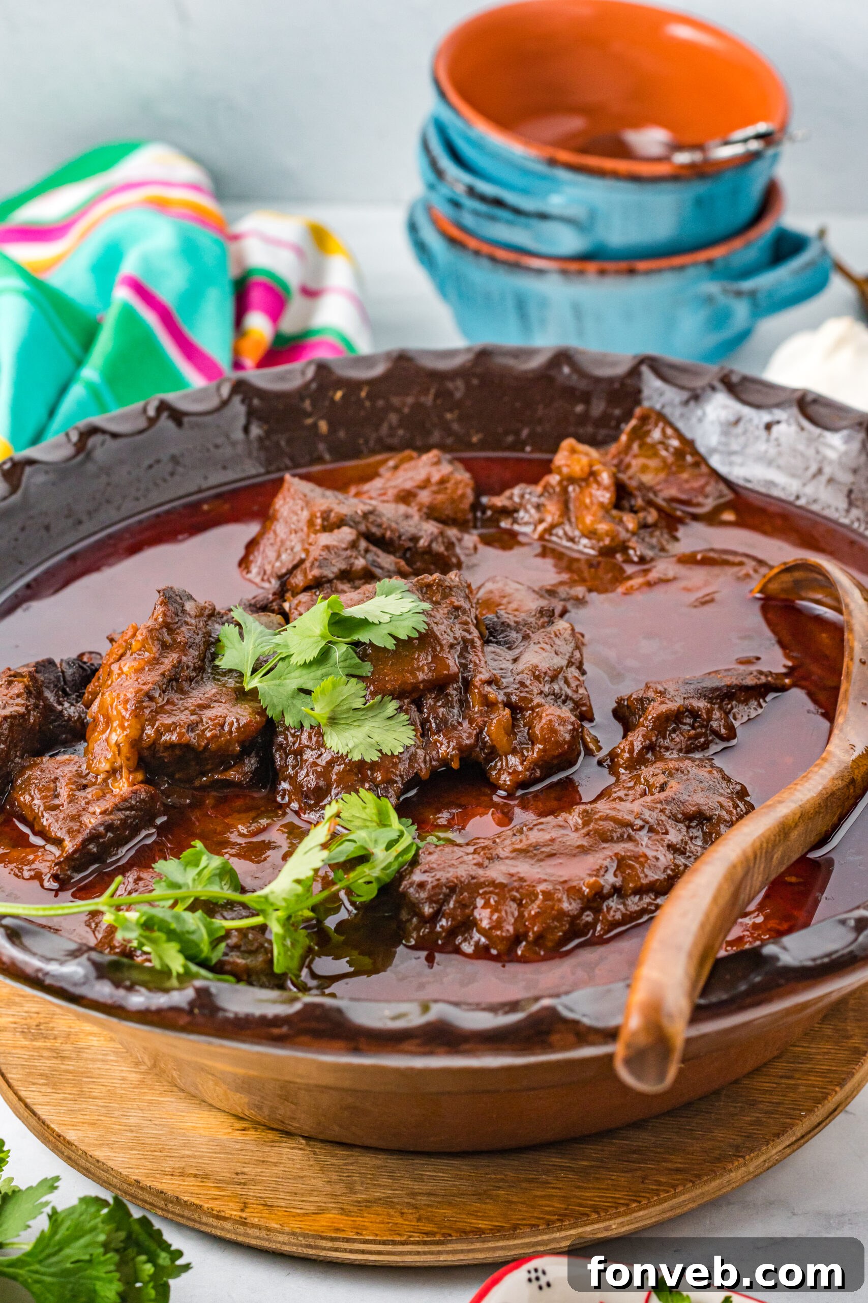Front view of Beef Birria in a rustic serving dish, steam rising, ready to be enjoyed.