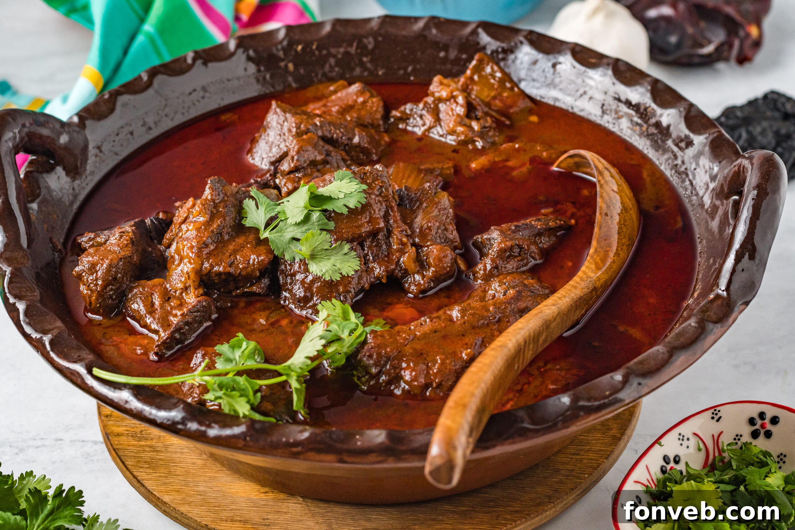 A serving of Beef Birria in a bowl, garnished with fresh cilantro and diced onions, ready for dipping.
