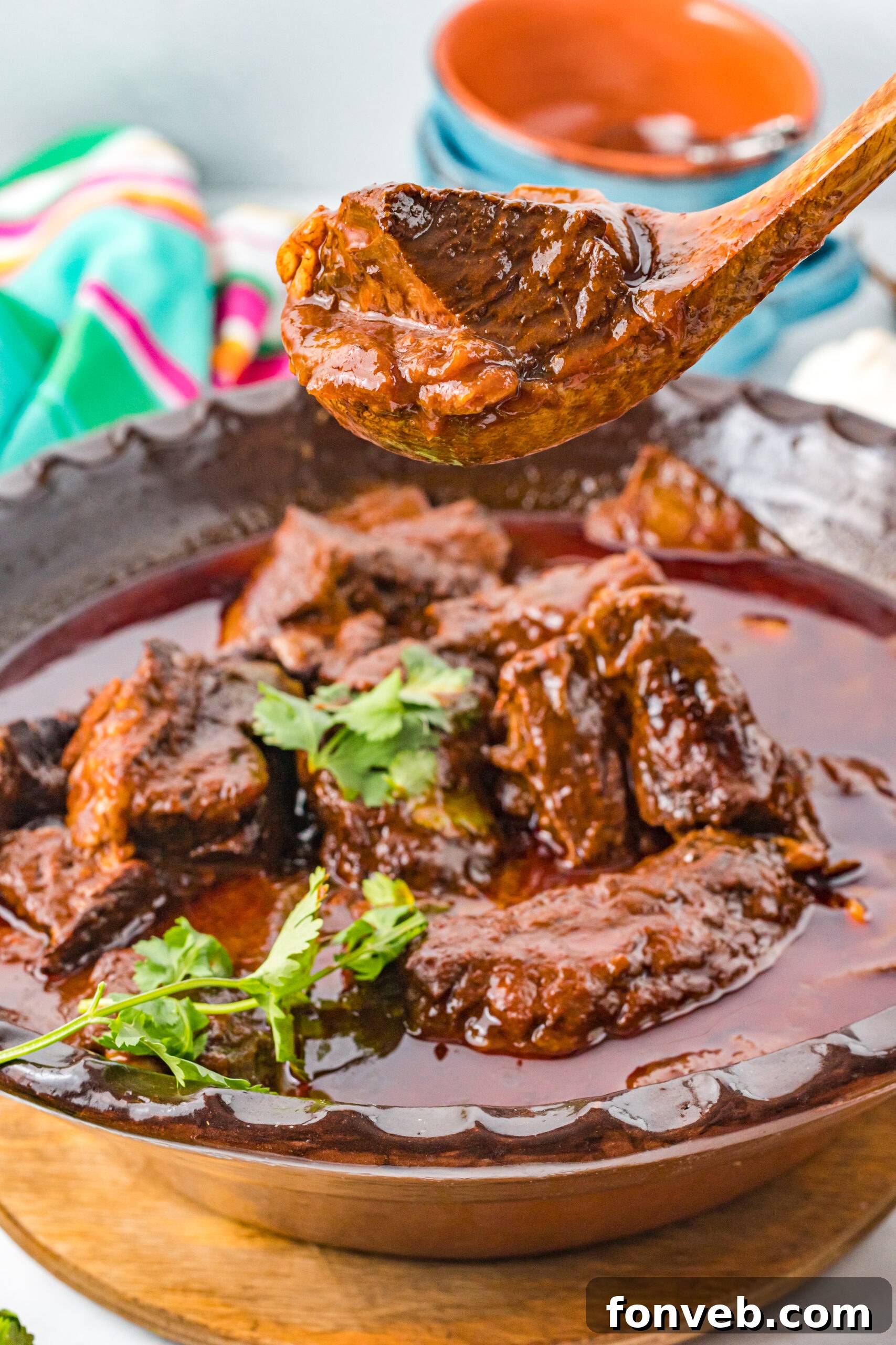 Close up view of a wooden spoon removing a generous serving of tender Beef Birria from a large pot.