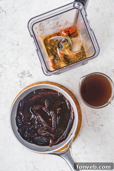 Step-by-step image of rehydrated chiles being added to a blender.