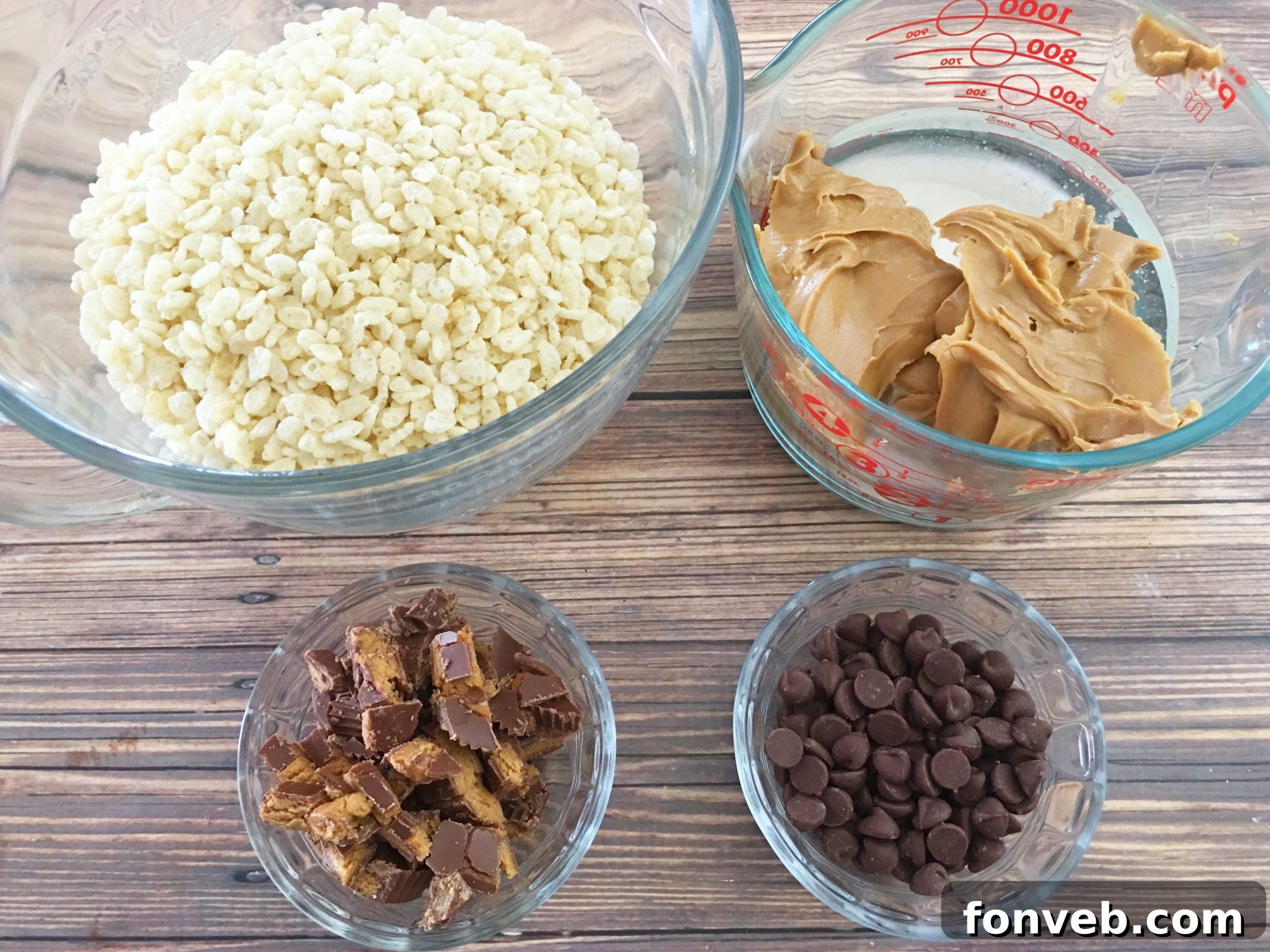 Close-up of Reese's Krispy Cookie Balls with peanut butter and chocolate drizzle