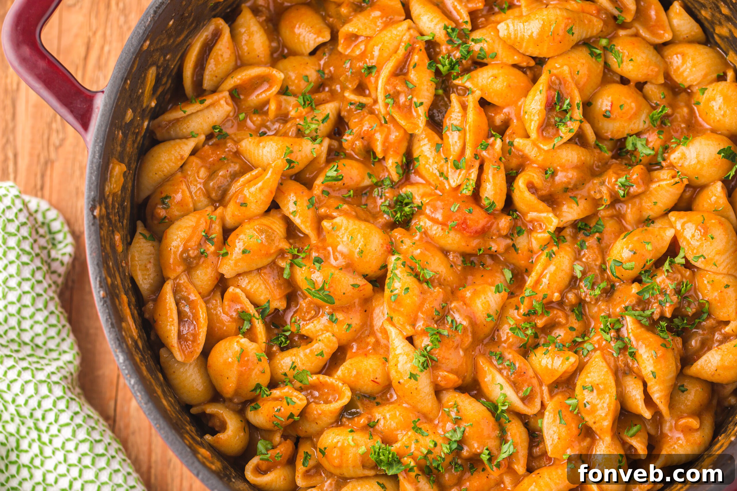 overhead shot of the taco pasta in a skillet 
