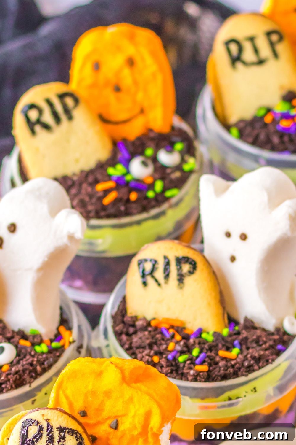 Monster Mash Pudding Treats 15 Halloween Pudding Cups on table with a overhead side view