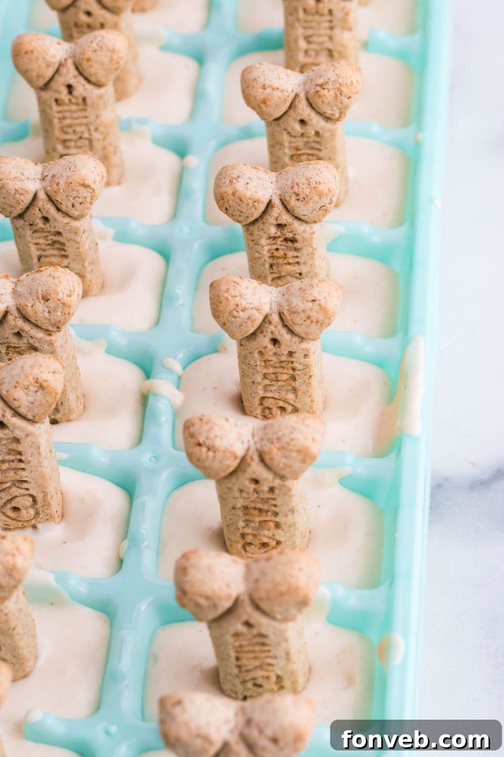 side view of ice cream for dogs in mold with dog biscuits on top 
