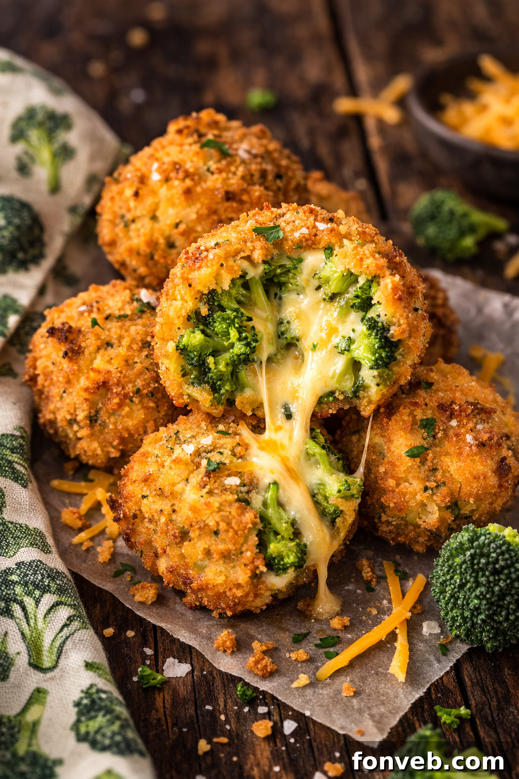 Crispy Fried Broccoli Poppers 2 Broccoli Cheese Bites with a bite missing