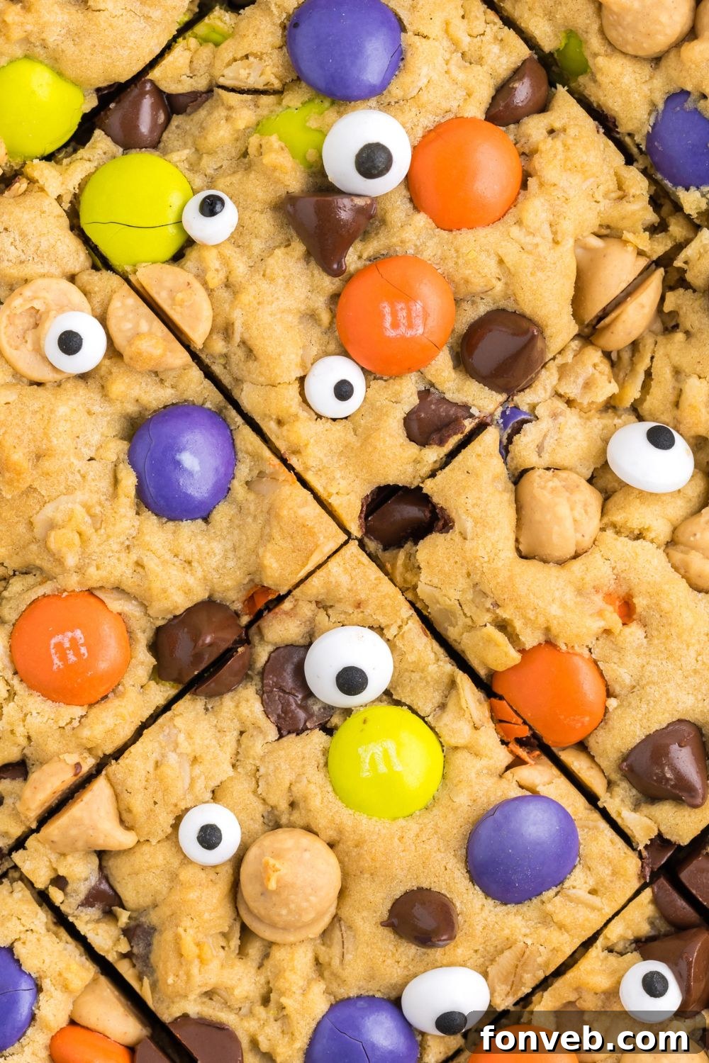 Overhead shot of cookie bars perfectly cut into squares, showcasing their even size and delicious appearance.