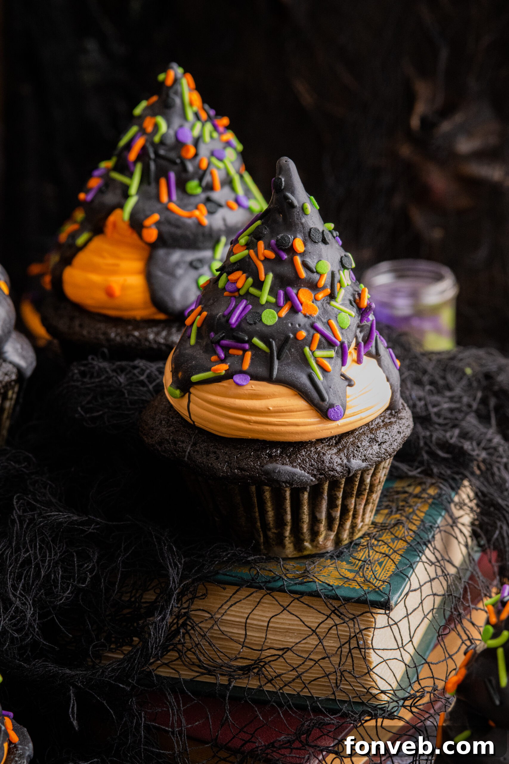 Halloween Cupcakes on a table with a close-up view, highlighting the delicious details.