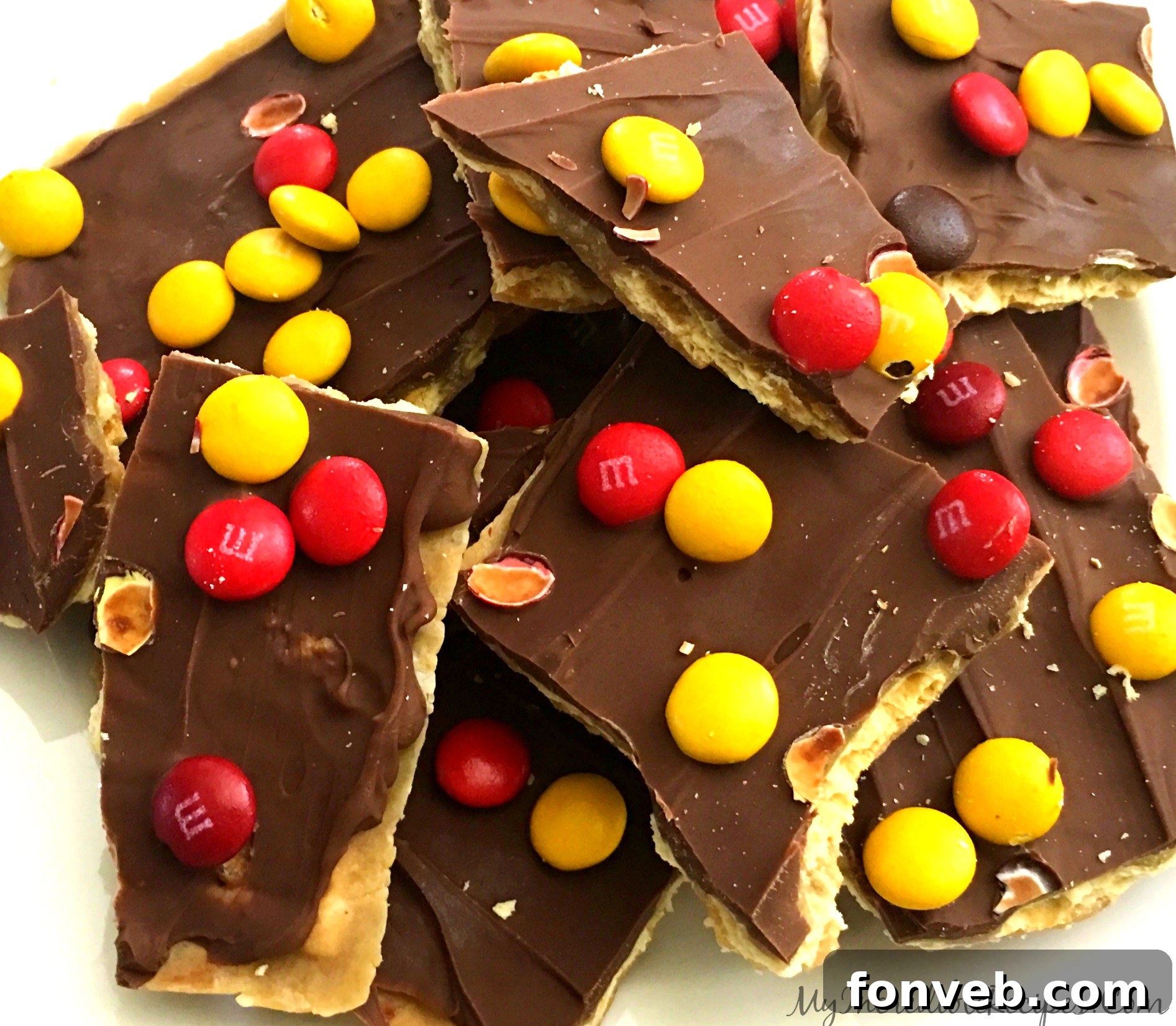 Large pieces of finished saltine cracker toffee, showcasing its crunchy texture