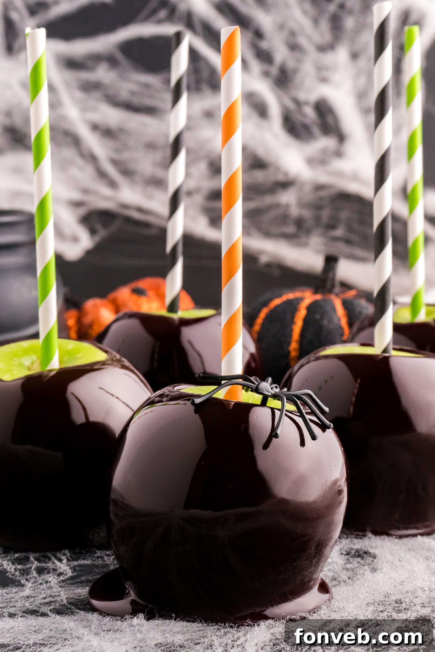 Halloween Candy Apples on a black table 