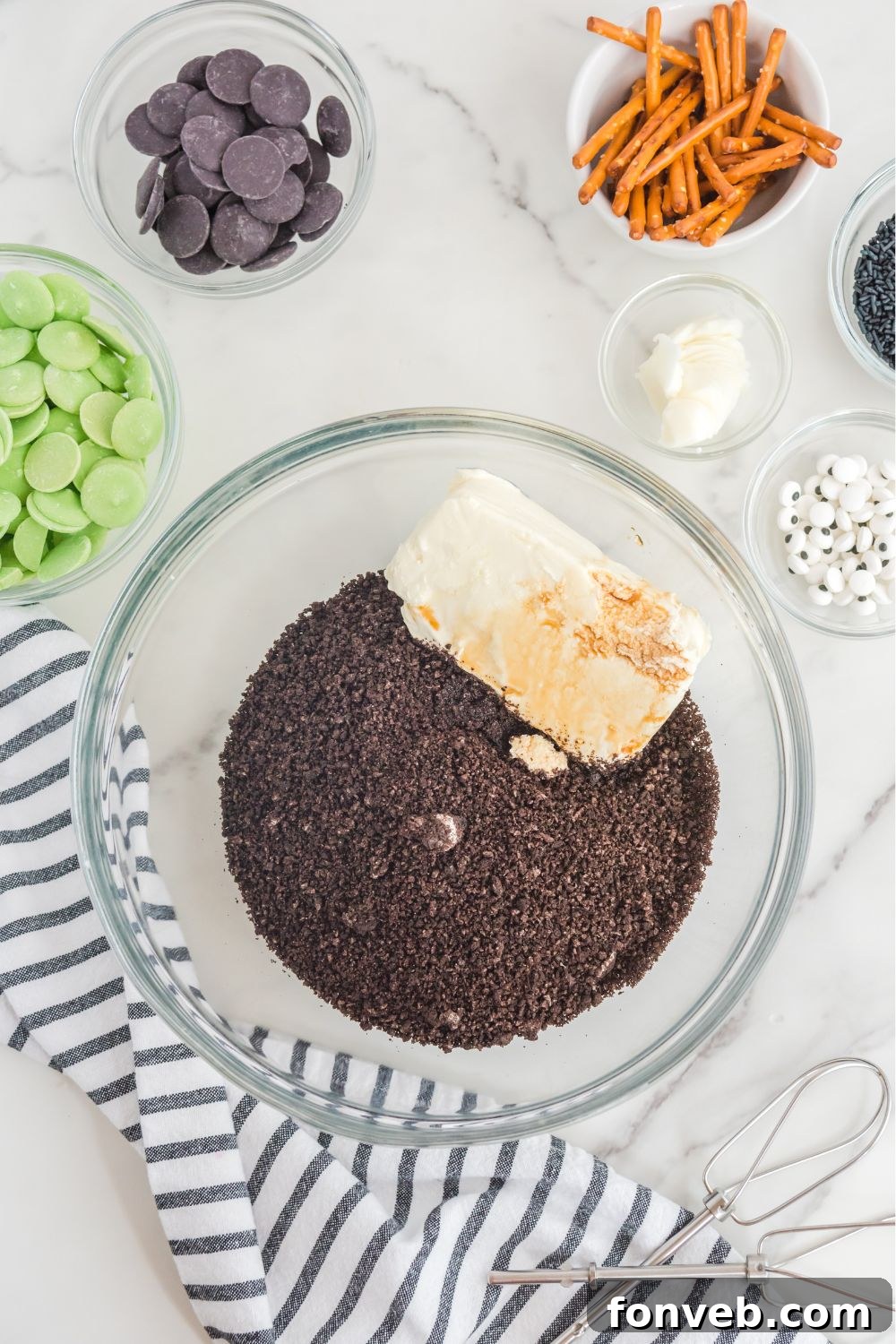 FrankenOreo Bites 5 ingredients in a mixing bowl