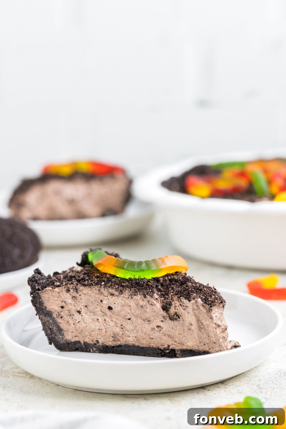 slice of pie on plate with the dirt pie in the background