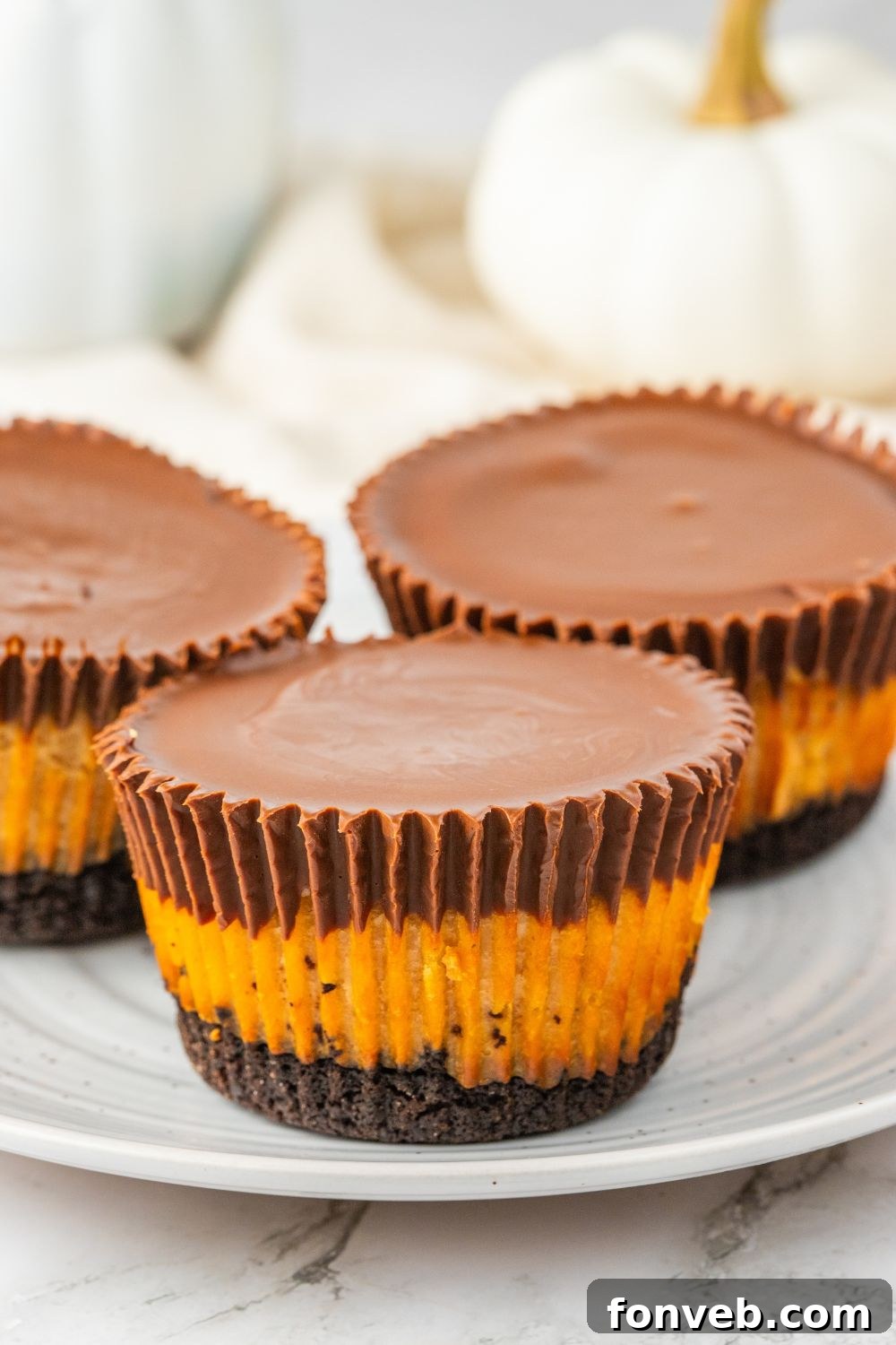 Two Reese's Cup inspired cheesecakes on a white plate, showcasing their perfect shape and topping.