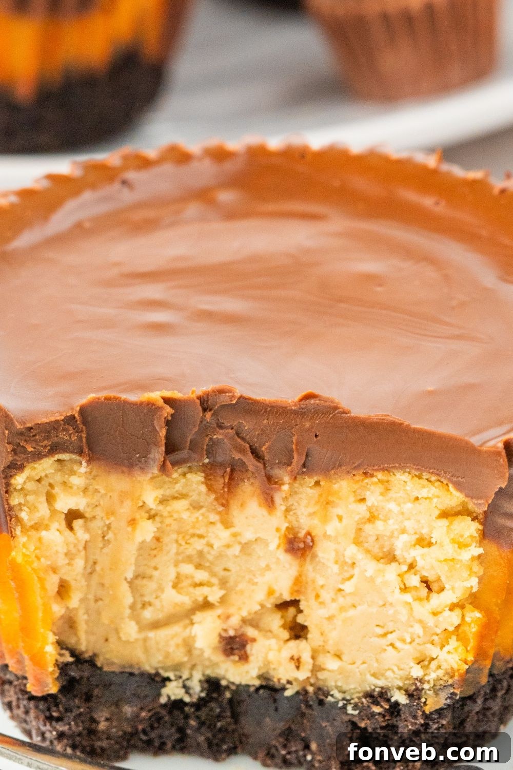 Mini cheesecakes in a muffin tin, one with a bite taken out, showing the layers on a wooden table.
