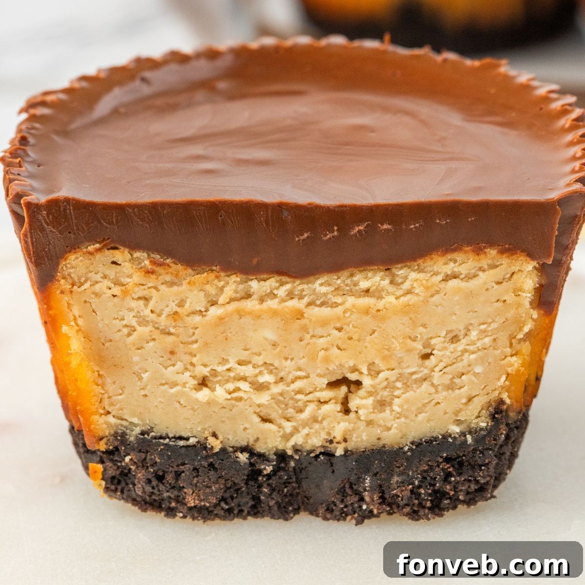A mini peanut butter cheesecake bite, sliced in half to reveal the distinct layers of crust, filling, and chocolate topping.