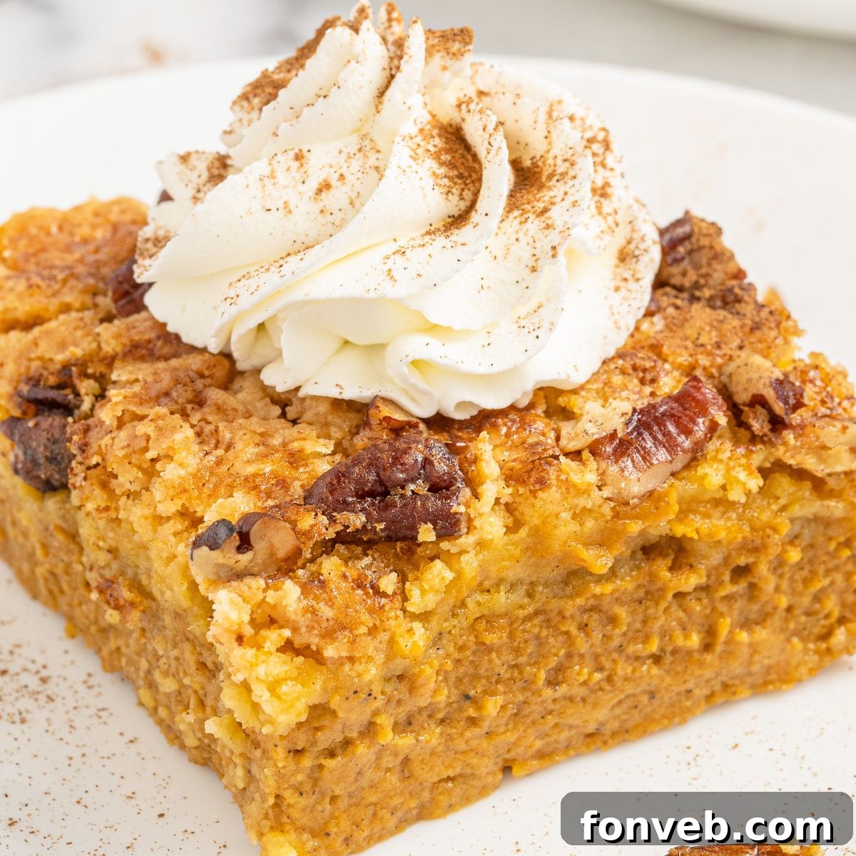 A slice of Pumpkin Dump Cake on a white plate, topped with a generous dollop of whipped cream, sitting on a rustic wooden surface with autumn decor in the background.