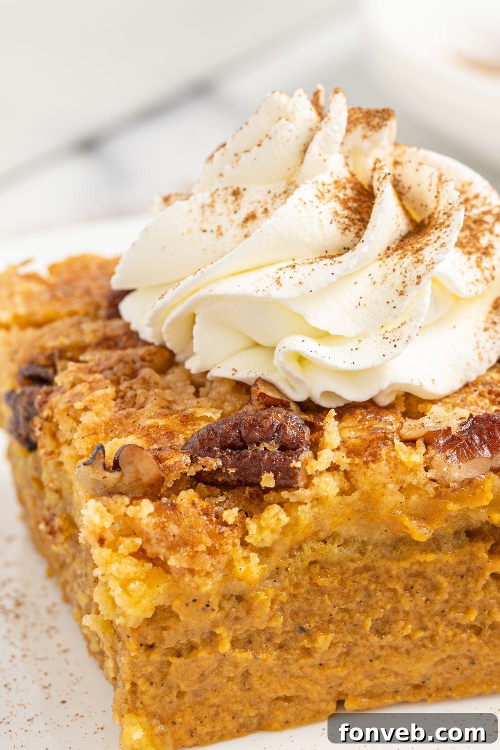 A beautifully sliced piece of Pumpkin Dump Cake on a white plate, garnished with a generous swirl of whipped cream on top.