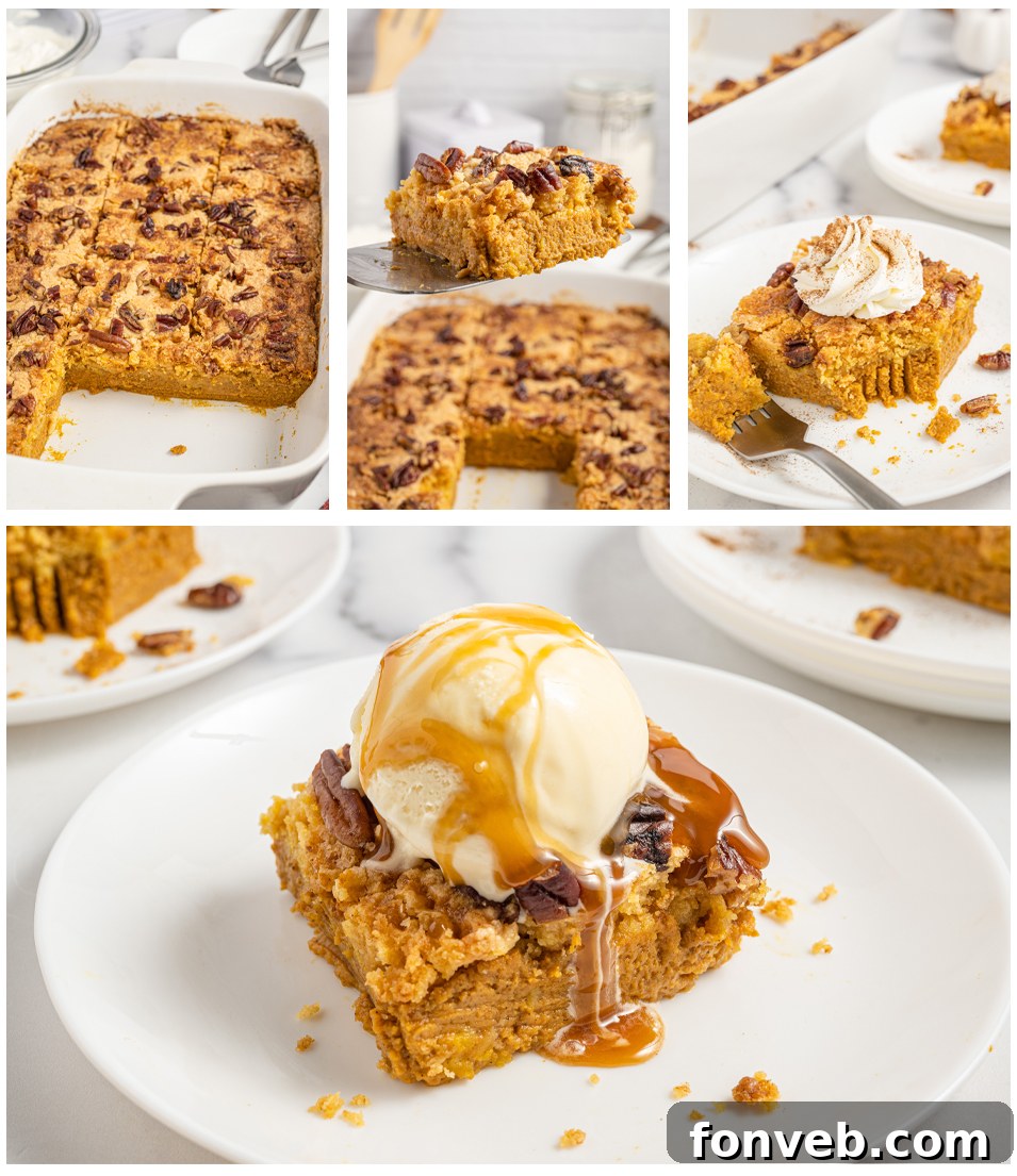 A collage featuring multiple appetizing views of pumpkin pie cake, including close-ups and plated servings with toppings.