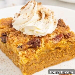 Pumpkin Dump Cake on plate with a dollop of whipped cream on top
