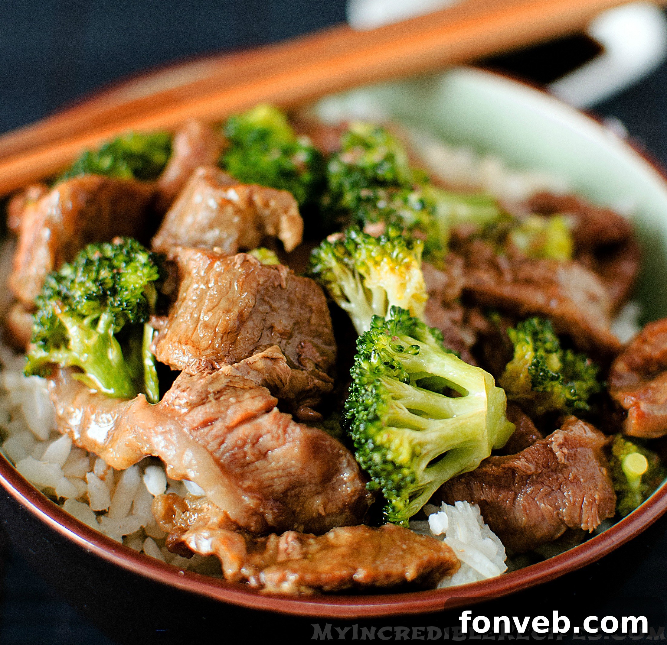 Slow Cooker Beef & Broccoli in a pretty chinese printed bowl