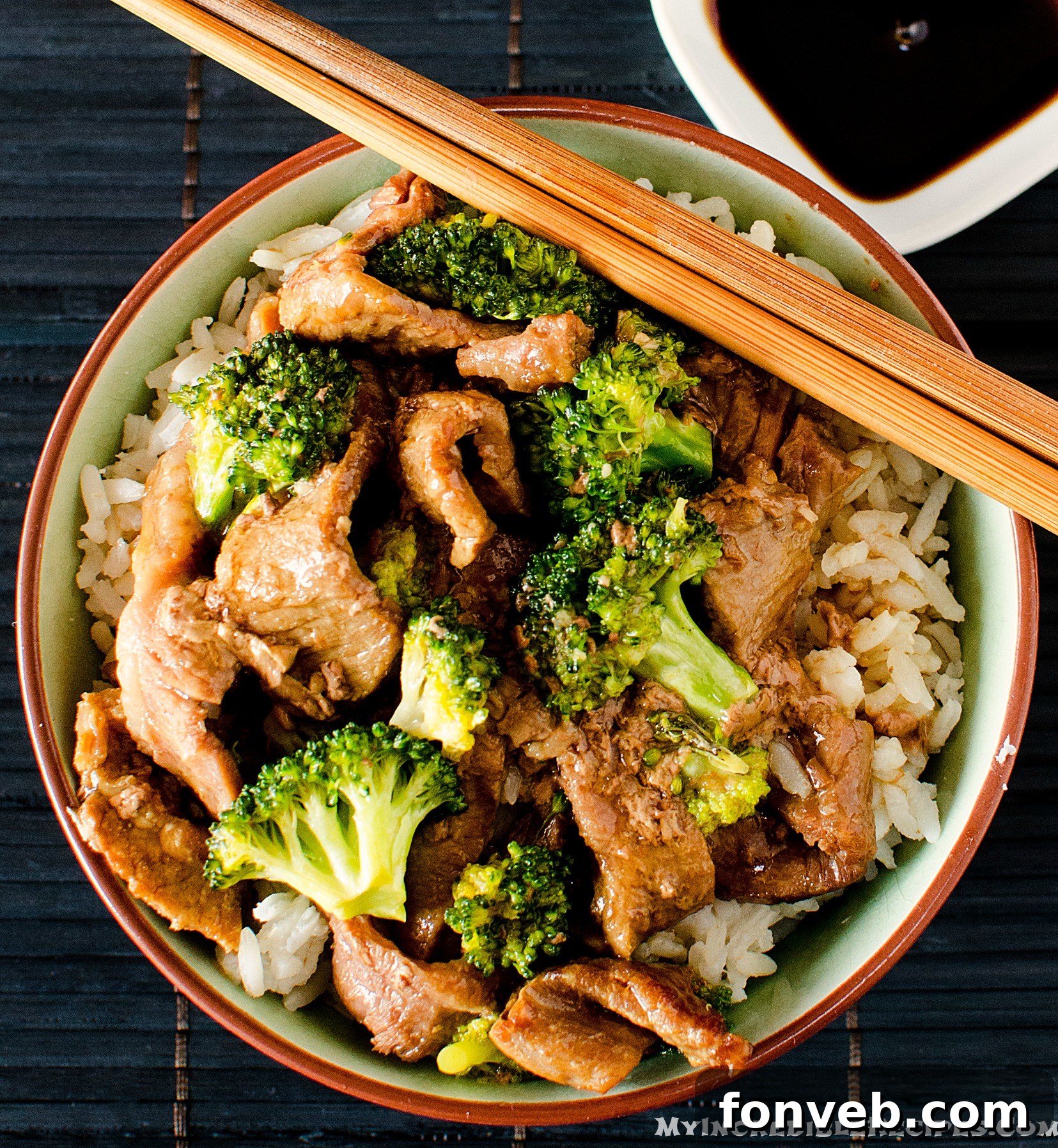 Slow Cooker Beef & Broccoli in a pretty chinese printed bowl