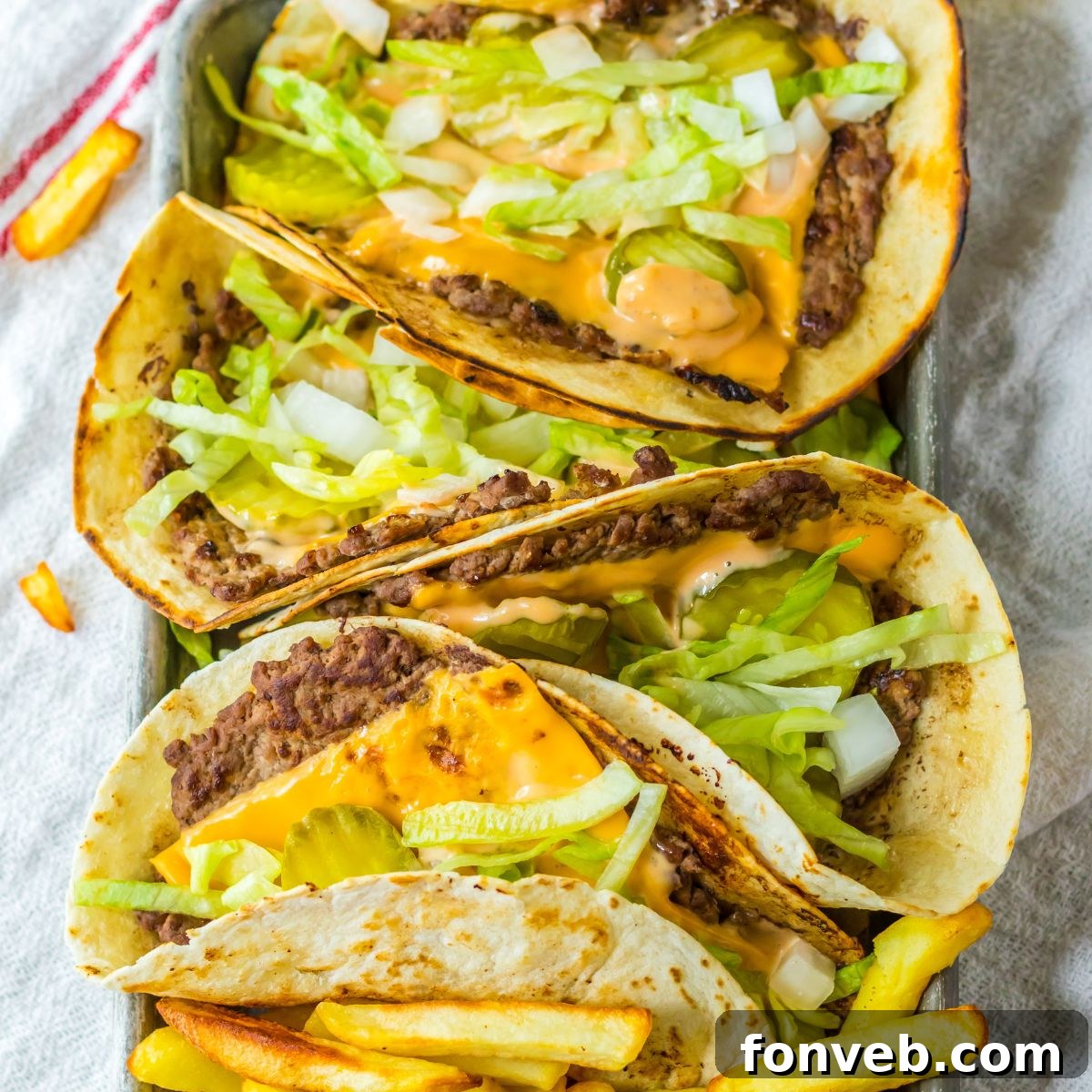 Smashed Big Mac Tacos 2 Big Mac Smash Tacos on a tray, ready to be served