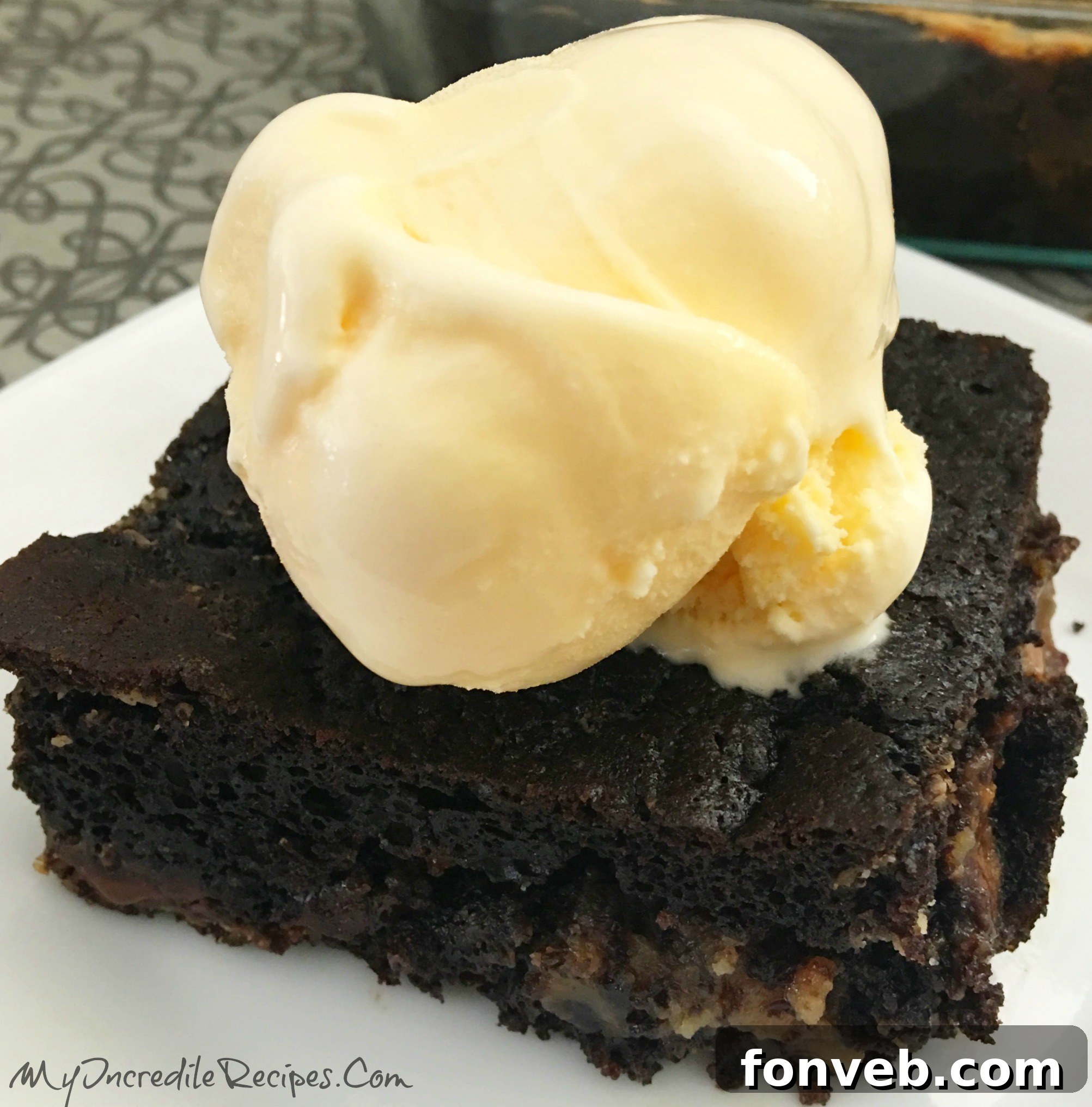 A final shot of the irresistible Peanut Butter Earthquake Cake, ready to be enjoyed