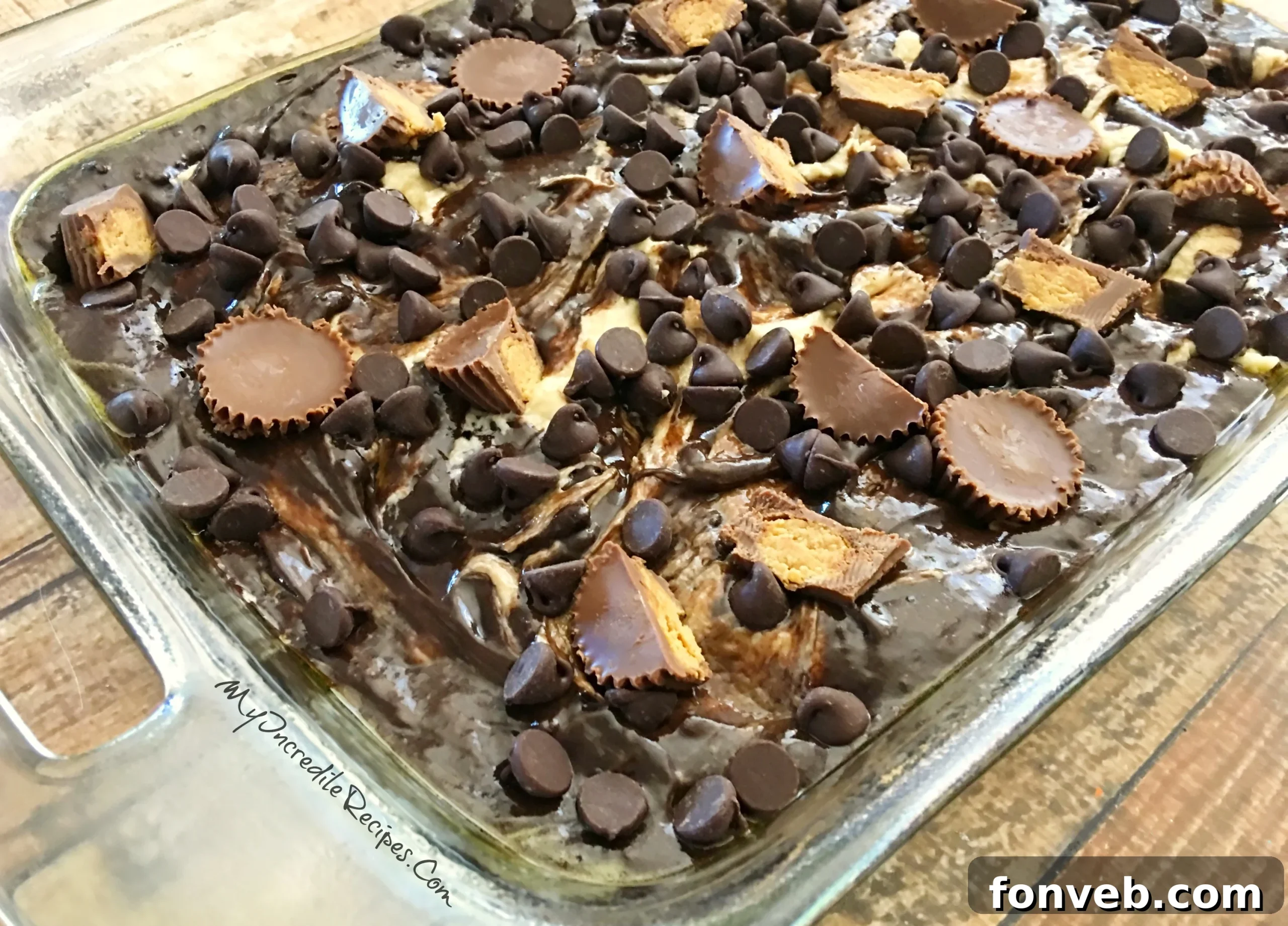 The finished Peanut Butter Earthquake Cake, fresh out of the oven, with a glistening, crackled top
