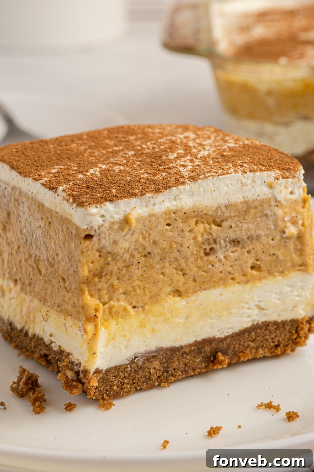 A serving of pumpkin dessert beautifully arranged on a white plate, highlighting its smooth texture.