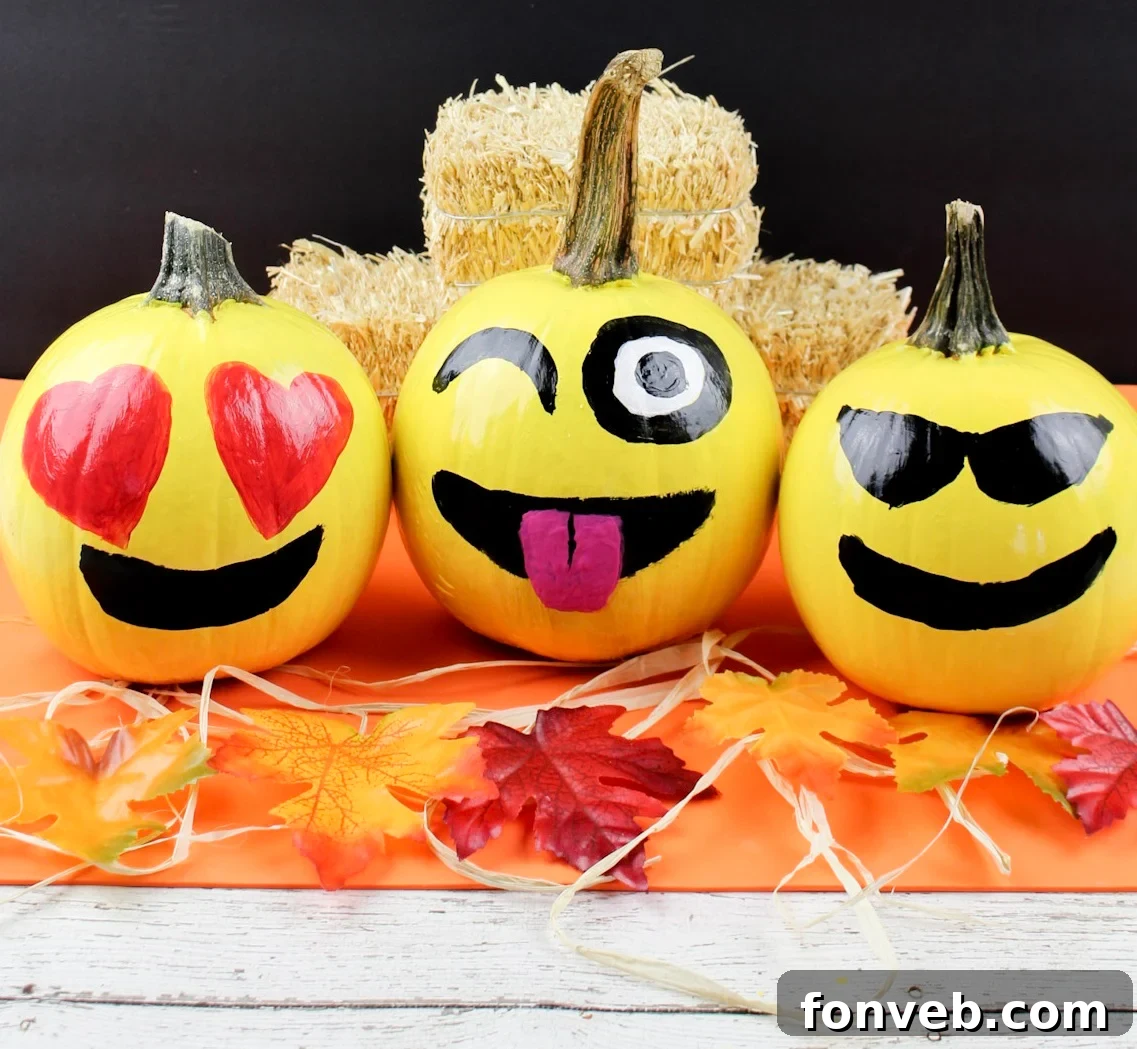 Pumpkins with Personality 16 A final close-up of a beautifully painted emoji pumpkin, demonstrating the crisp lines and vibrant colors achieved through the DIY process.