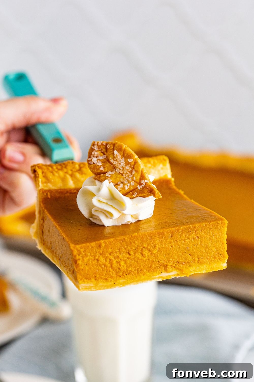 holding slice of pie on a serving spoon