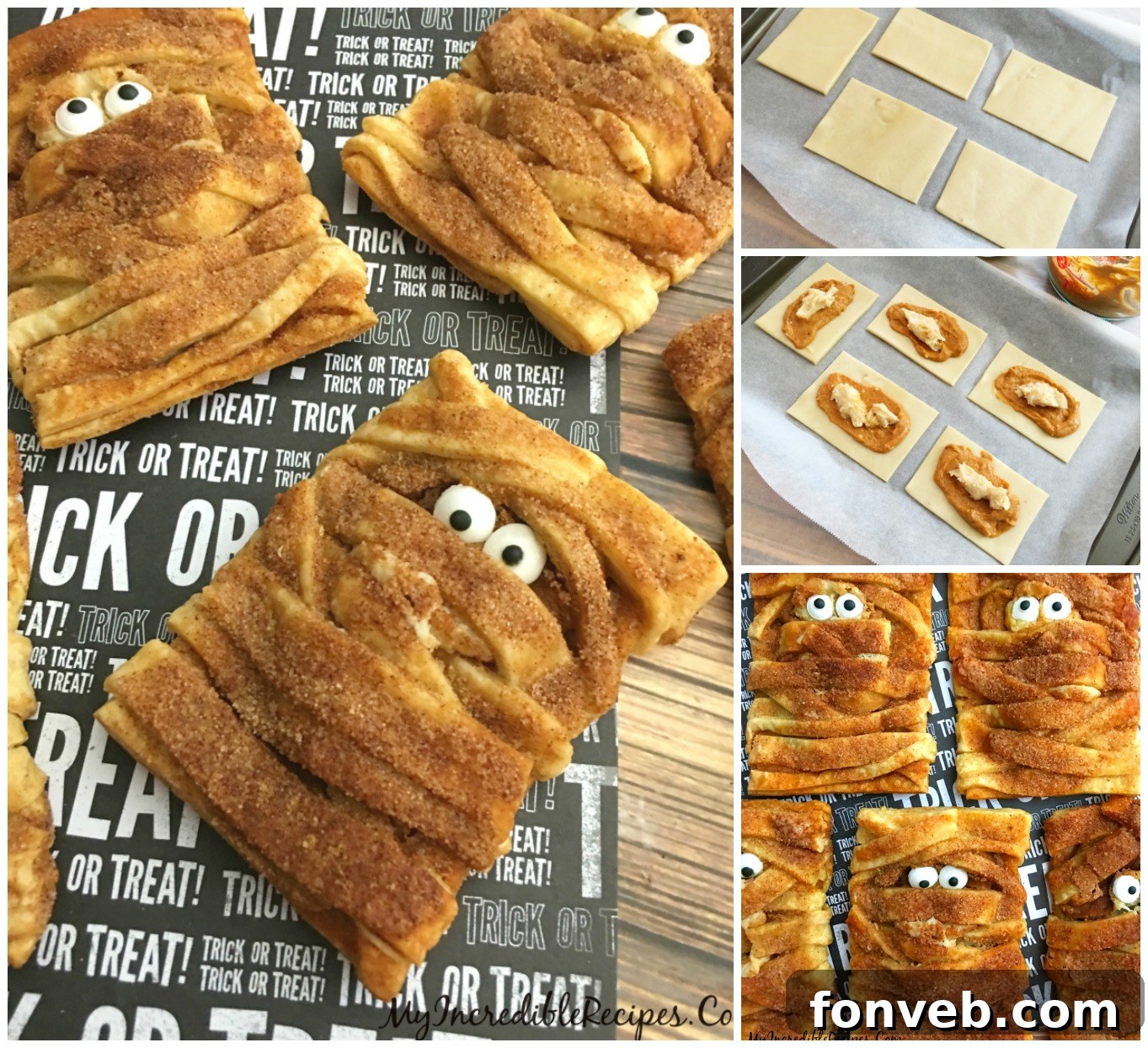 Delicious baked mummy cookies on a serving plate, close up