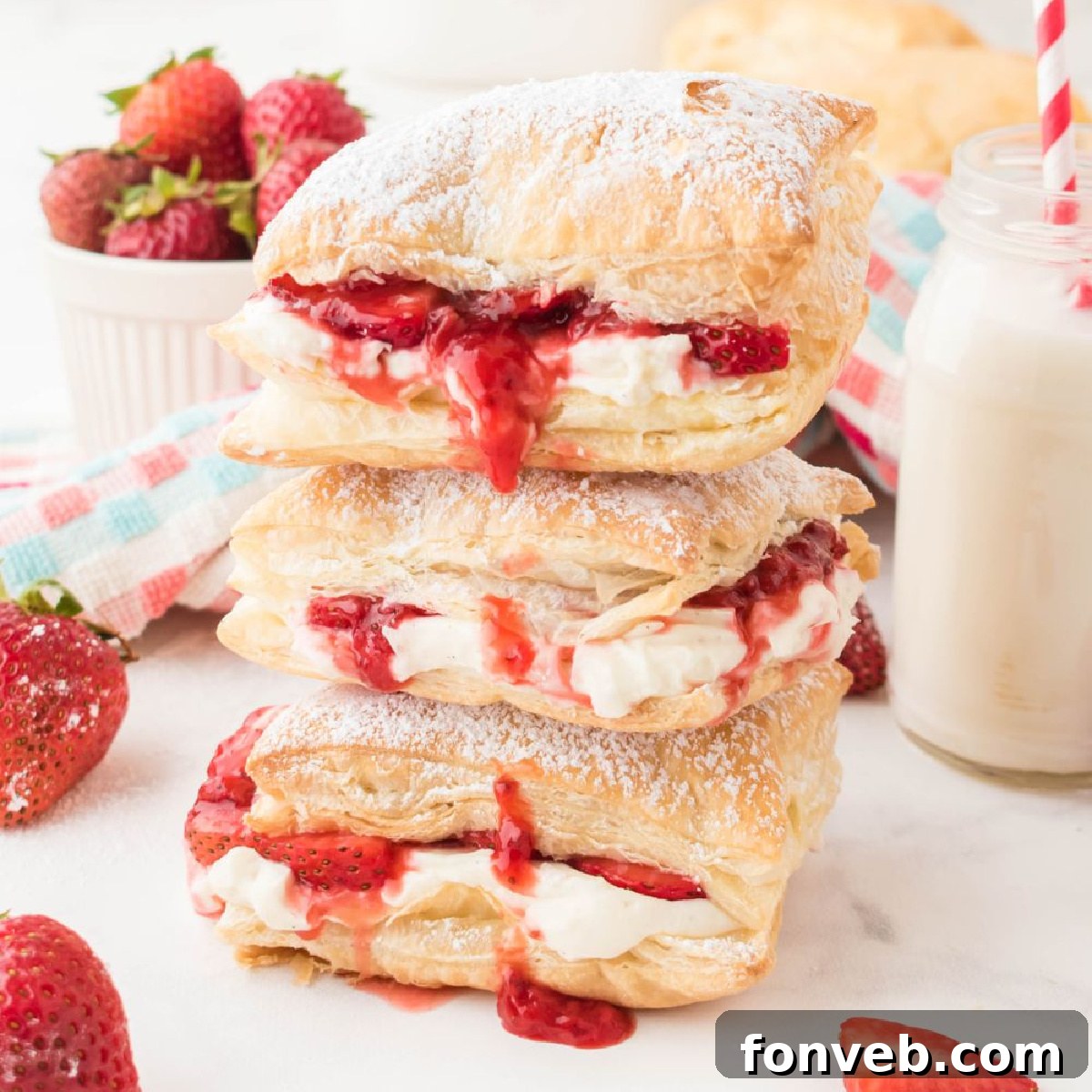Strawberry flaky puffs stacked on a white plate