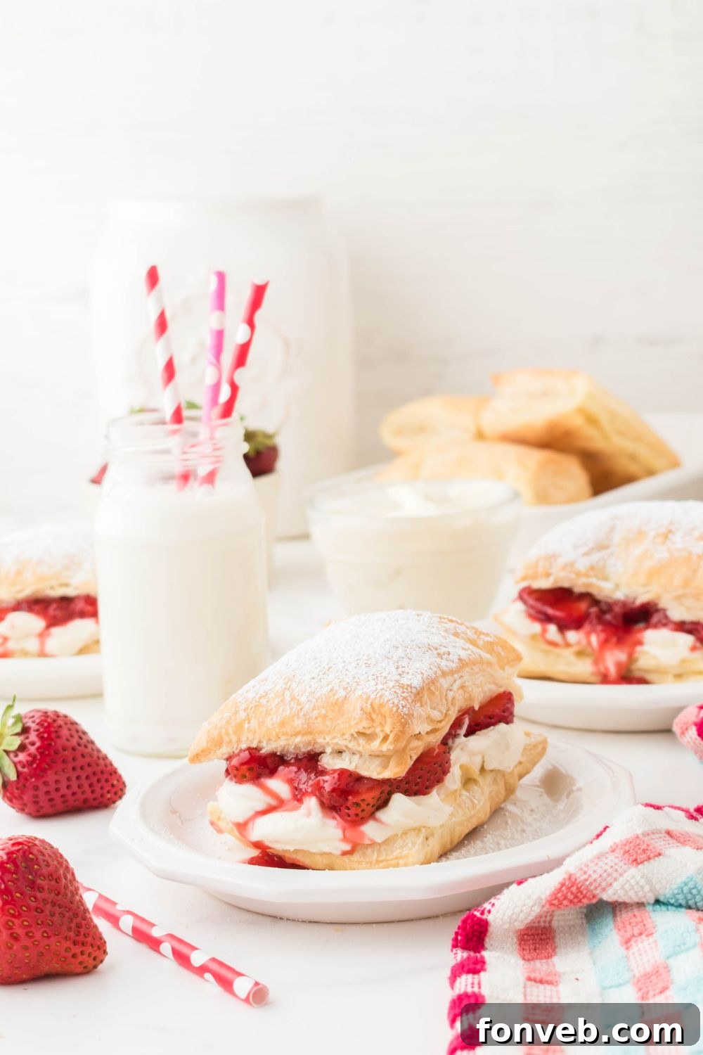 strawberry shortcake puffs on plates with a jar of milk and paper straws in it