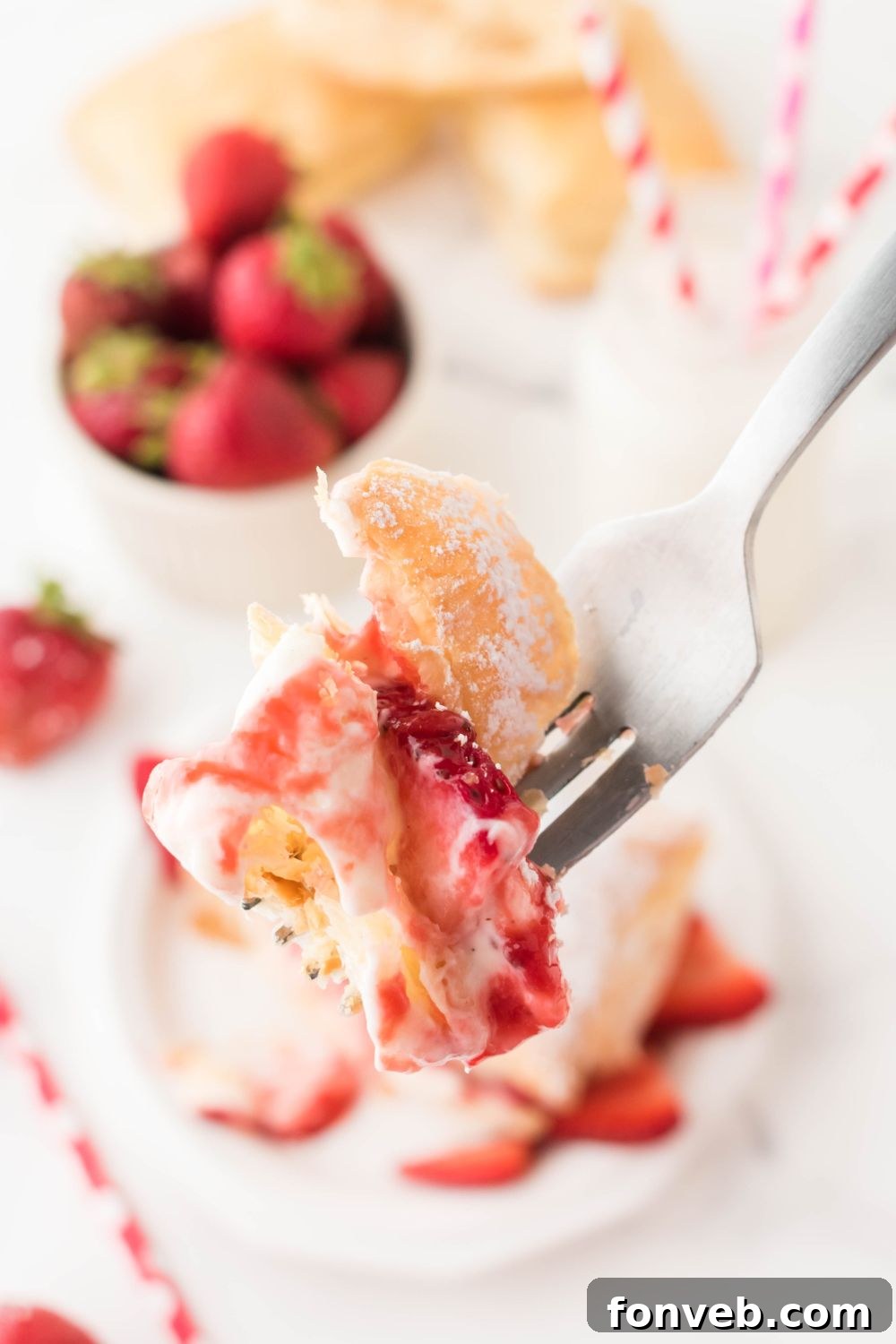 fork with strawberry puff pastry on it