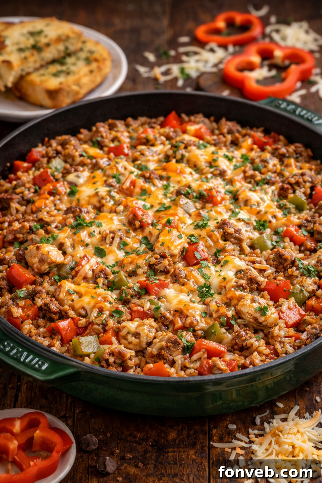 Stuffed Pepper Casserole in pan with cheese on top 