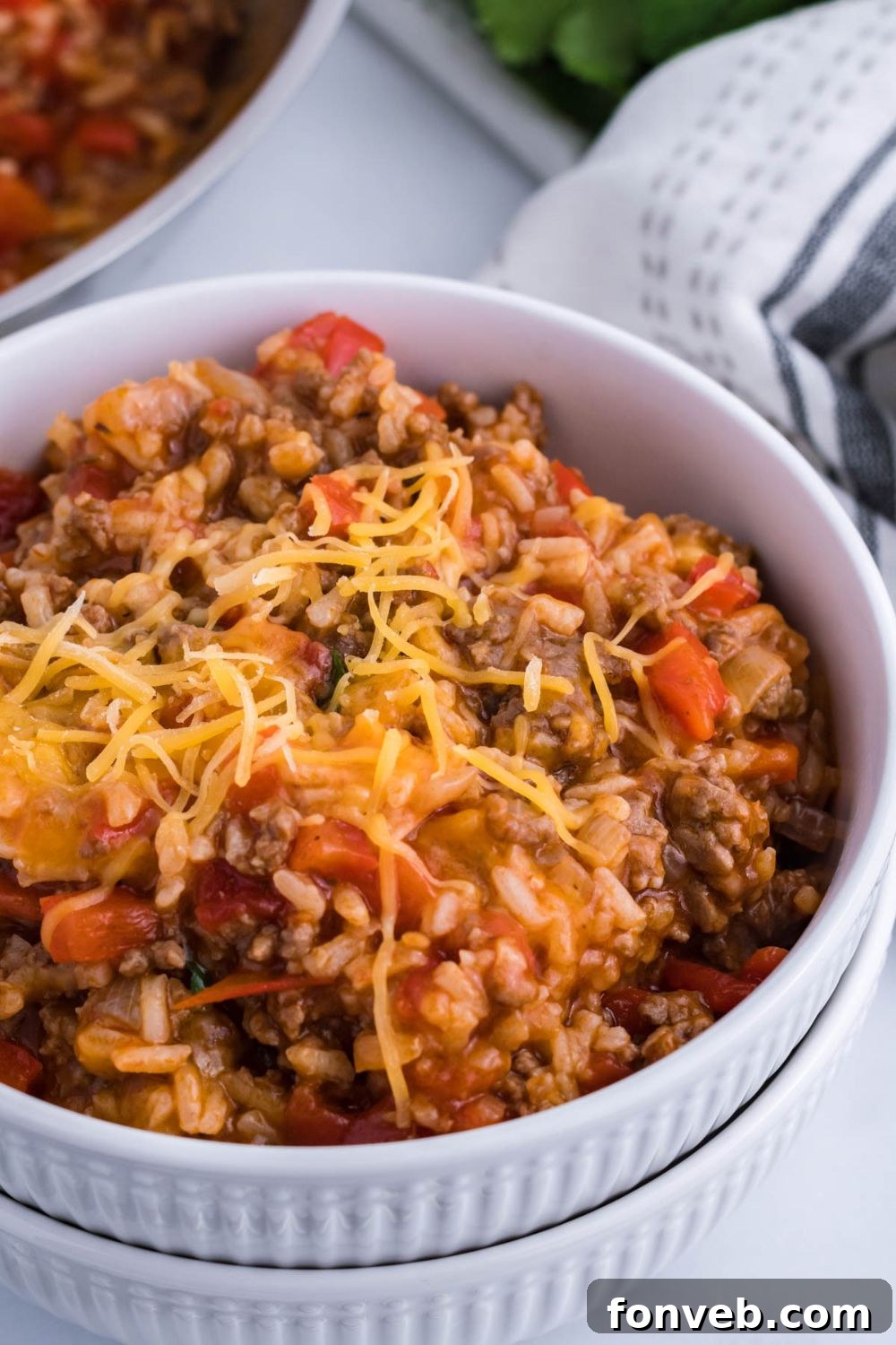 cheesy rice and beef casserole in a bowl 