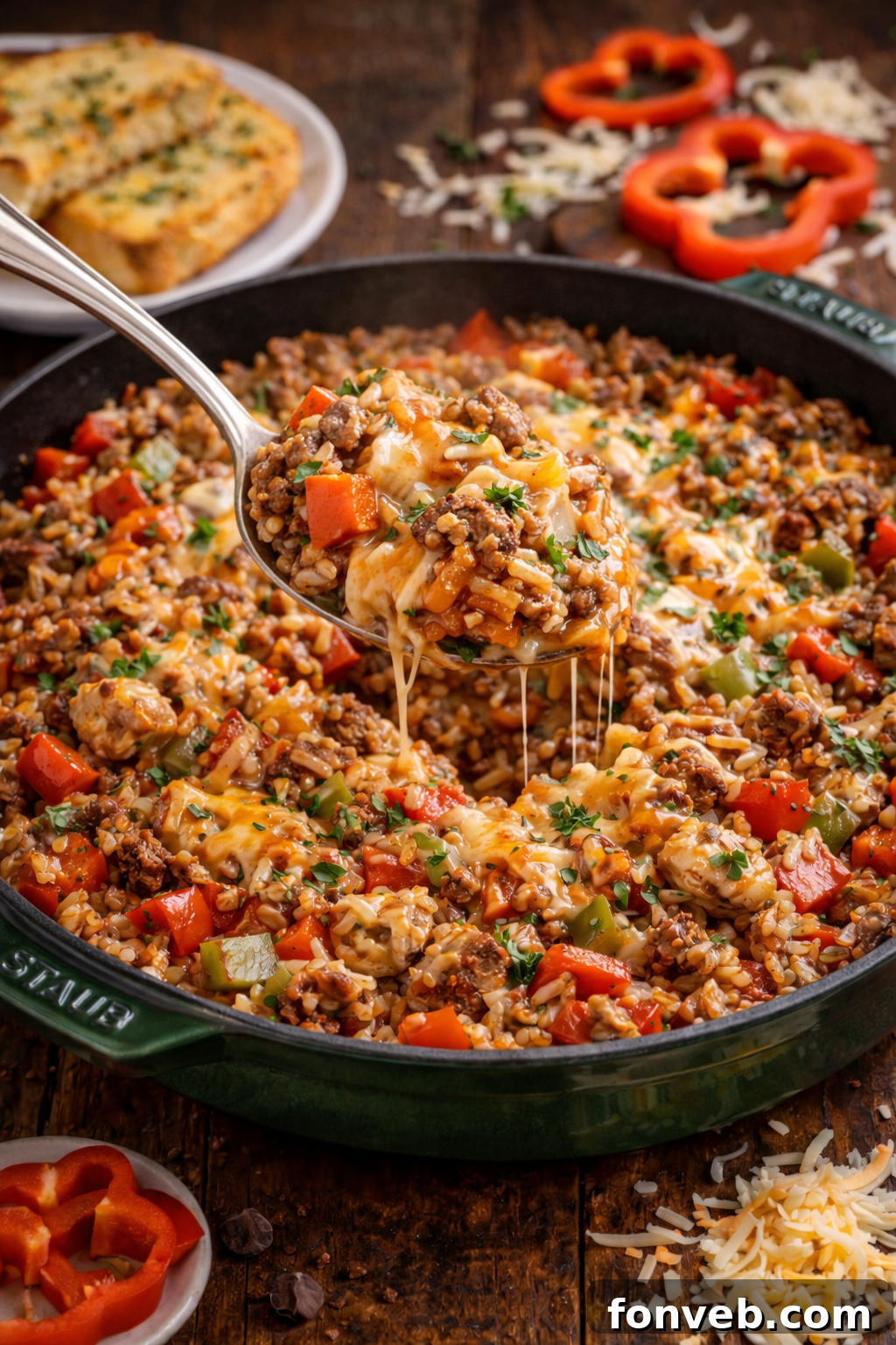 stuffed pepper casserole on a wood table in a skillet with a spoon holding some up