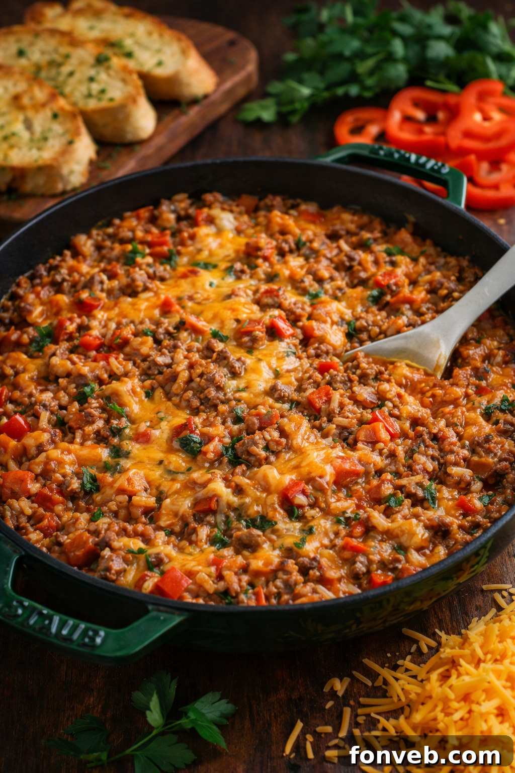 stuffed pepper casserole on a wood table in a skillet 