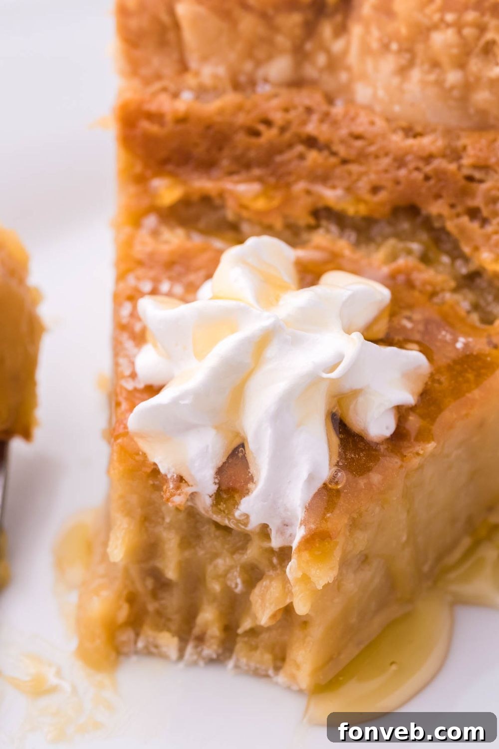 Golden Sweetheart 4 A delicious slice of honey pie on a plate, generously topped with a dollop of whipped cream and a luxurious drizzle of golden honey.