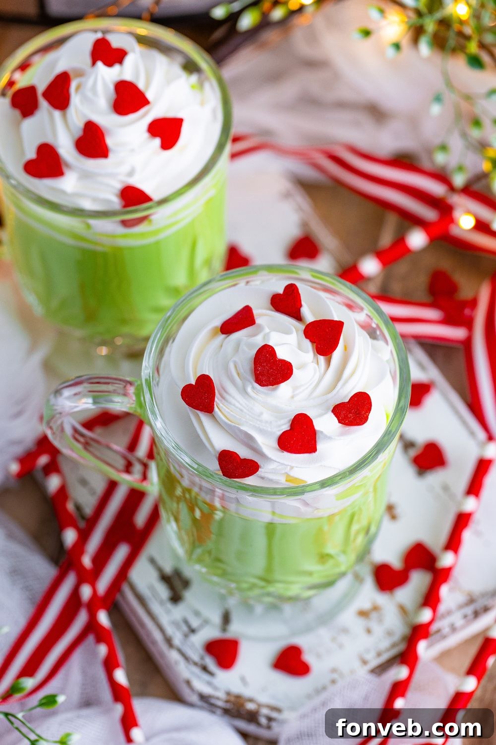 Overhead view of whipped cream in a hot chocolate mug