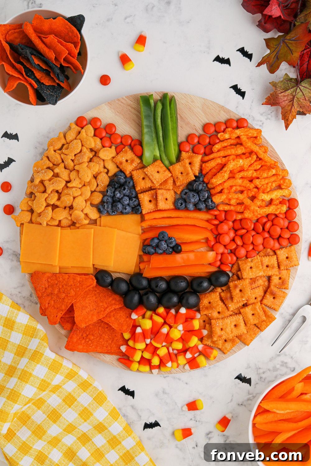 A vibrant and fully assembled Pumpkins Charcuterie Board, inviting and delicious.