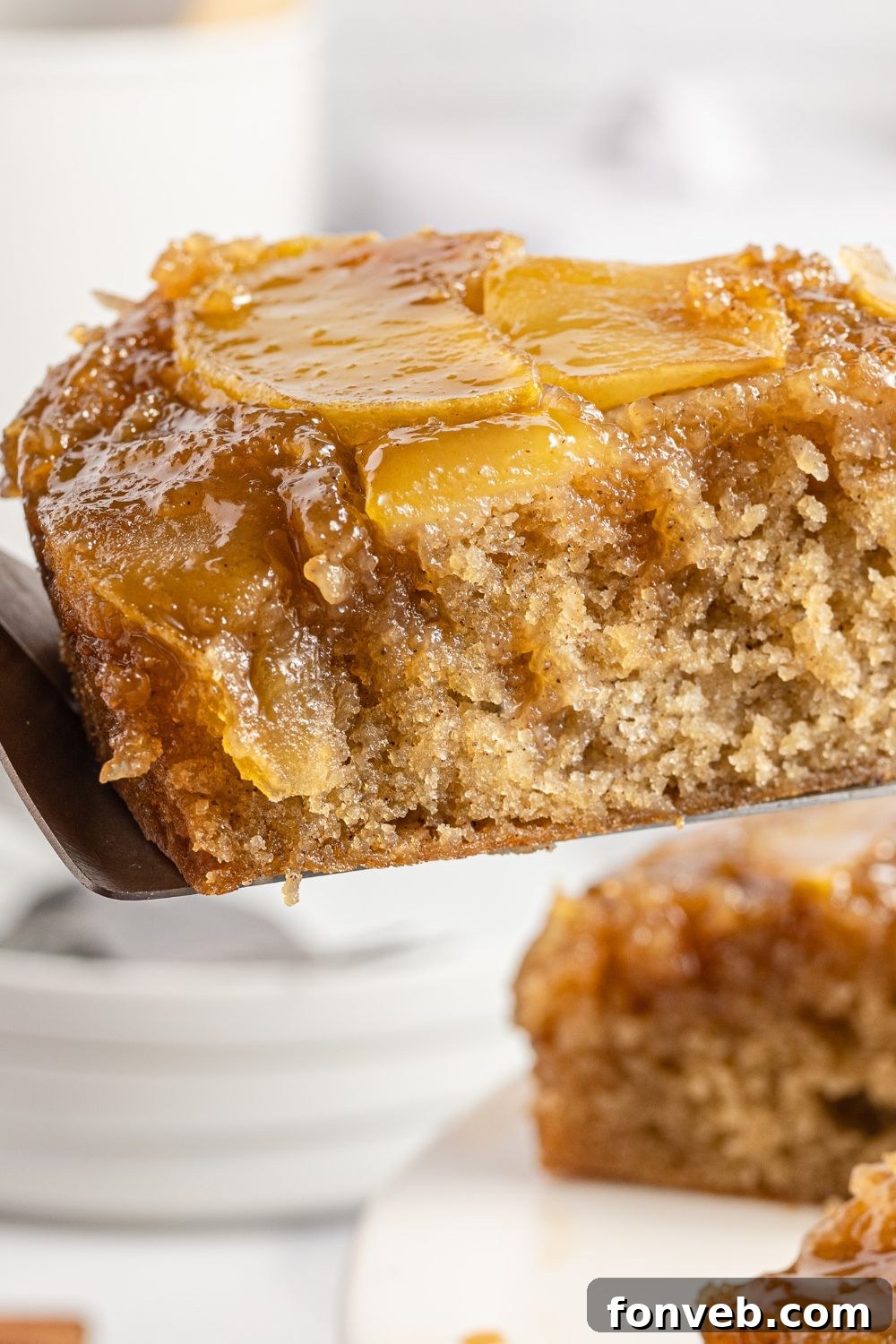 Caramelized Apple Bliss Cake 15 A slice of cake held by a spatula just above the baking pan, highlighting the intricate apple pattern