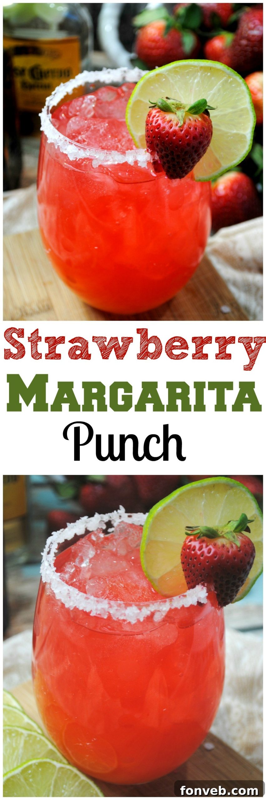 Pinterest graphic promoting Holiday Strawberry Margarita Punch recipe.