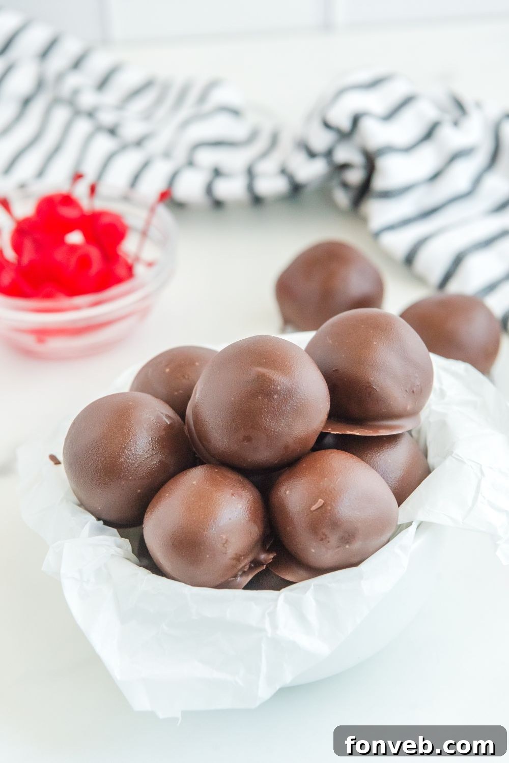 Bowl filled with Cherry Brownie Bombs, ready to be served